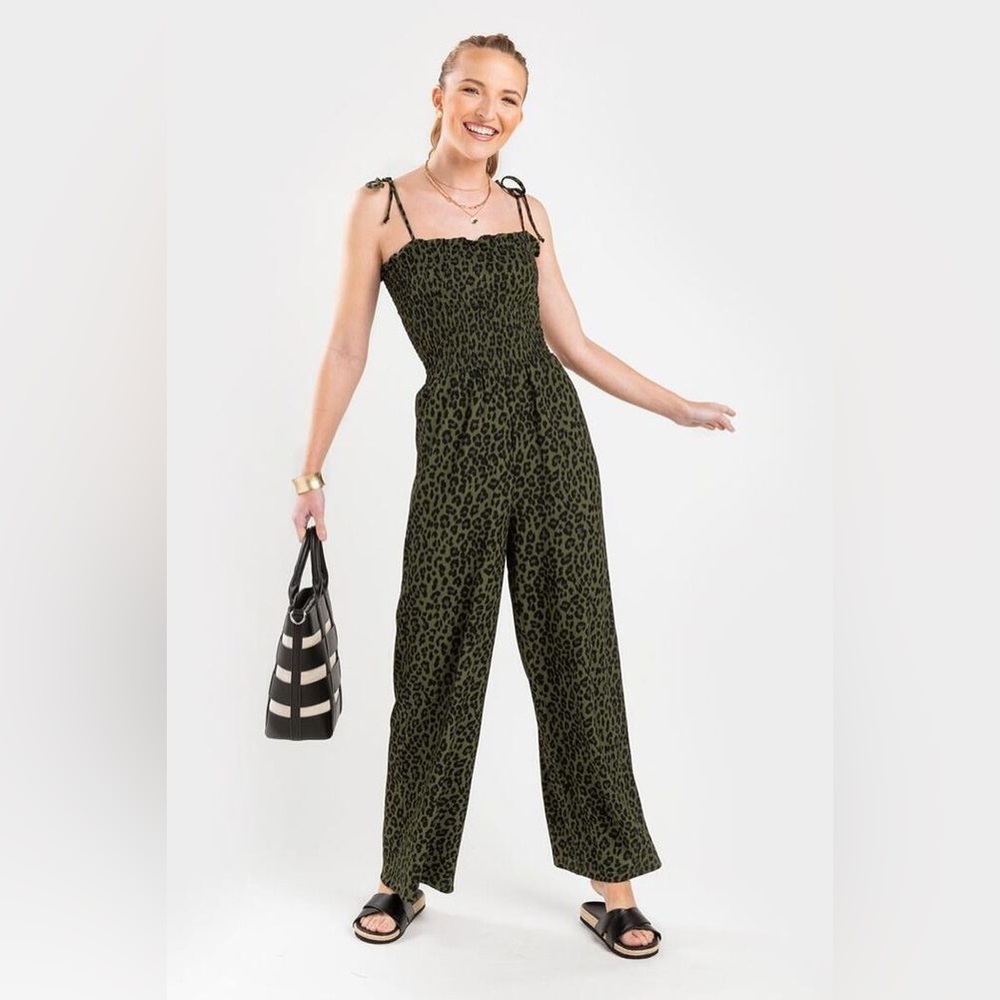 NWT Francesca’s Lexi Animal Print Smocked Jumpsuit